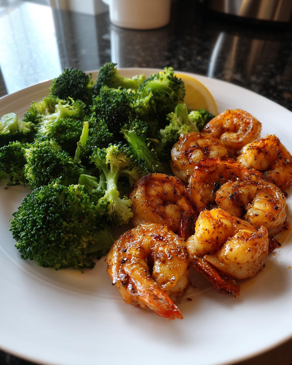 A white plate with a serving of cooked Sheet Pan Shrimp and Broccoli, garnished with a lemon wedge.
