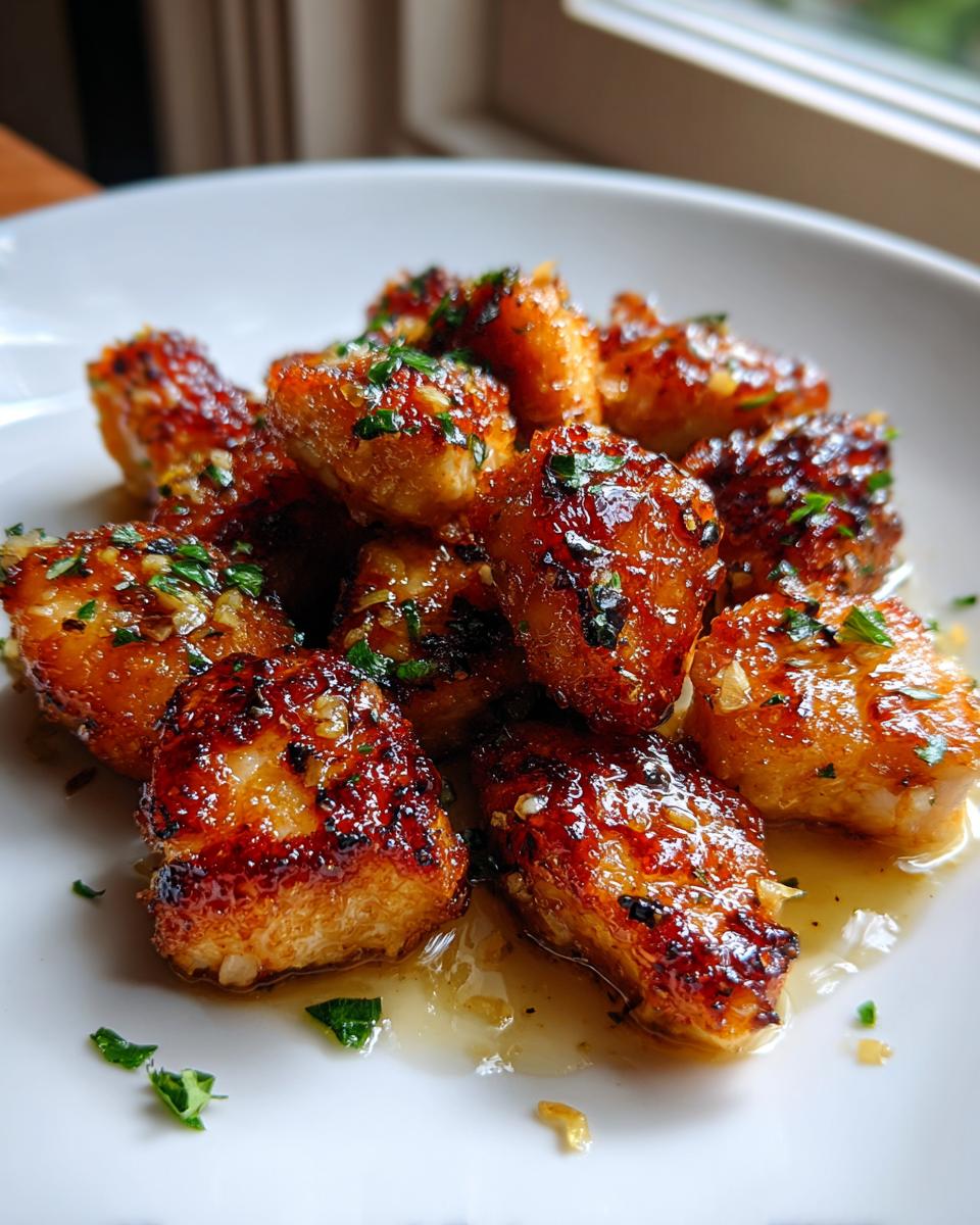 Quick 20 Minute Garlic Butter Chicken Bites 6 Close-up of golden brown 20 Minute Garlic Butter Chicken Bites glistening in sauce with fresh parsley.