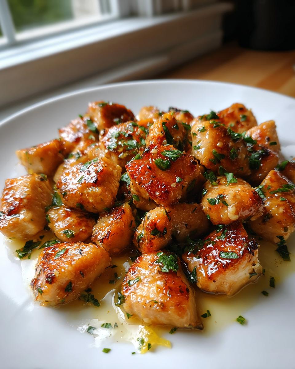 Quick 20 Minute Garlic Butter Chicken Bites 7 A close-up of glistening 20 Minute Garlic Butter Chicken Bites, garnished with fresh parsley.