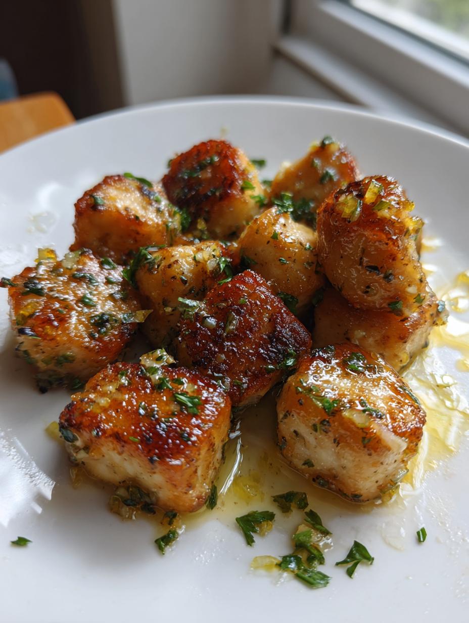 Quick 20 Minute Garlic Butter Chicken Bites 8 Close-up of golden brown 20 Minute Garlic Butter Chicken Bites drizzled with garlic butter sauce and sprinkled with parsley.