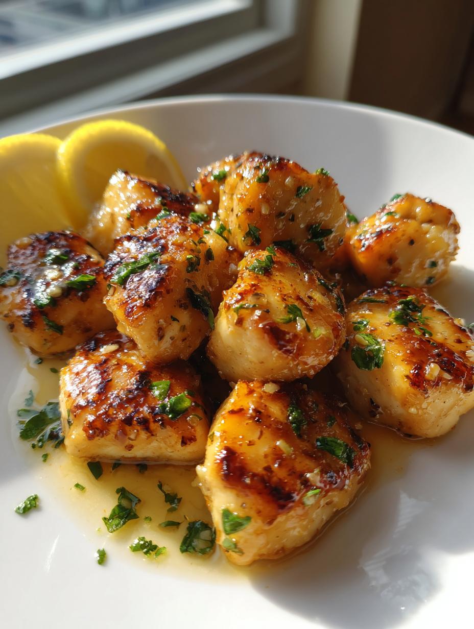Quick 20 Minute Garlic Butter Chicken Bites 9 A close-up of golden brown 20 Minute Garlic Butter Chicken Bites, glistening with sauce and sprinkled with fresh parsley.