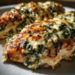 Close-up of a juicy 20 Minute Spinach and Feta Chicken Bake, topped with melted cheese and spinach.