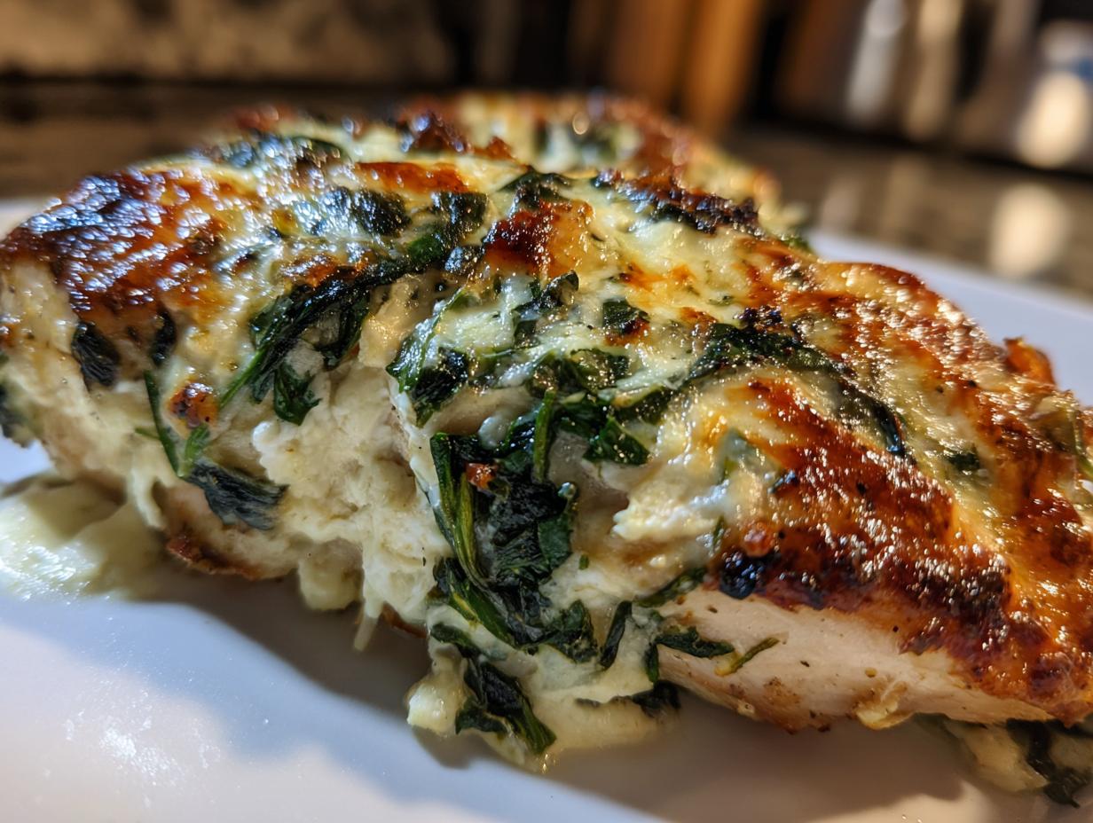 Close-up of a slice of 20 Minute Spinach and Feta Chicken Bake, showing melted cheese and spinach filling.