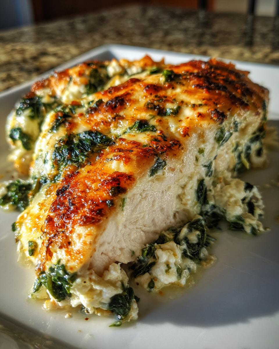 A close-up of a slice of 20 Minute Spinach and Feta Chicken Bake, showing tender chicken breast with a creamy spinach and feta cheese filling.