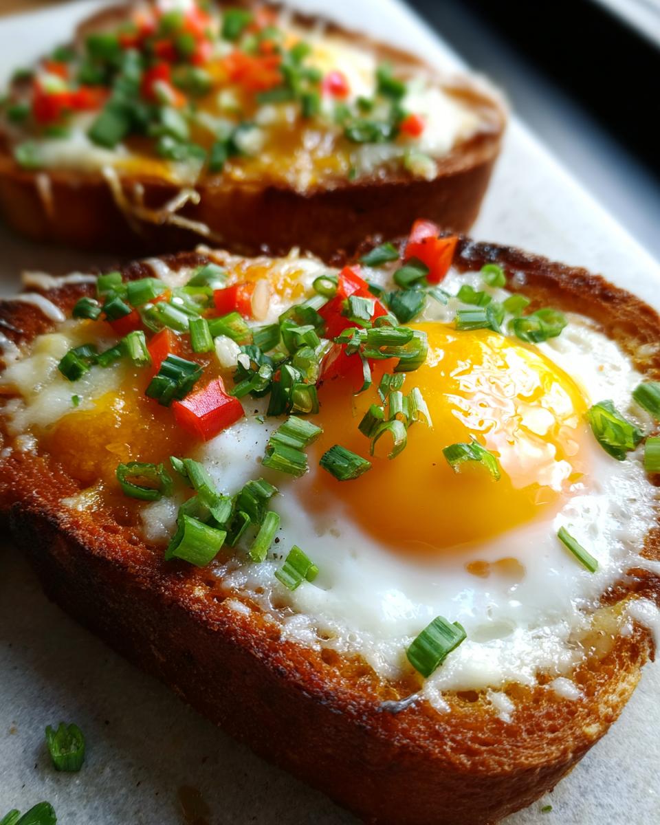 Close-up of Air Fryer Egg and Cheese Toast with a perfectly cooked egg, melted cheese, and chopped chives and red pepper.