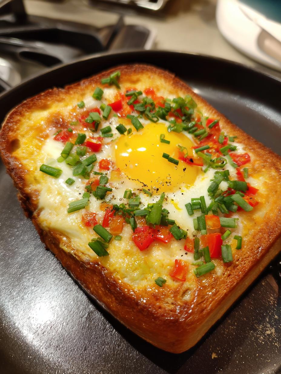 A golden brown slice of toast with a hole in the center, filled with a cooked egg, melted cheese, diced red peppers, and chives.