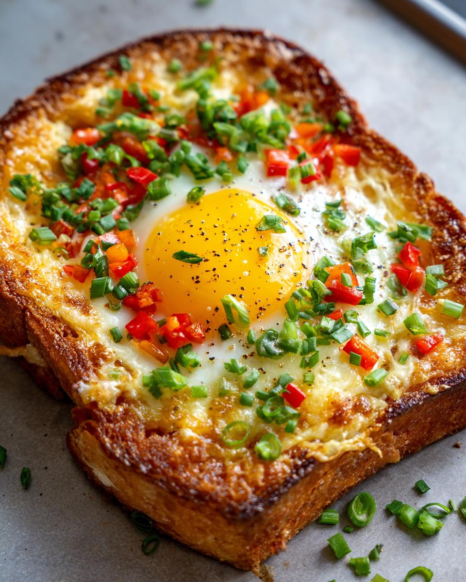 Close-up of a perfectly cooked Air Fryer Egg and Cheese Toast with a runny yolk, topped with chopped red peppers and green onions.