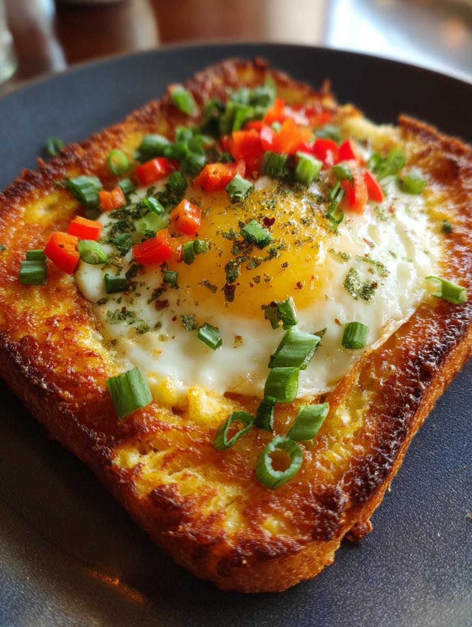 Close-up of Air Fryer Egg and Cheese Toast topped with chopped red peppers, green onions, and herbs.
