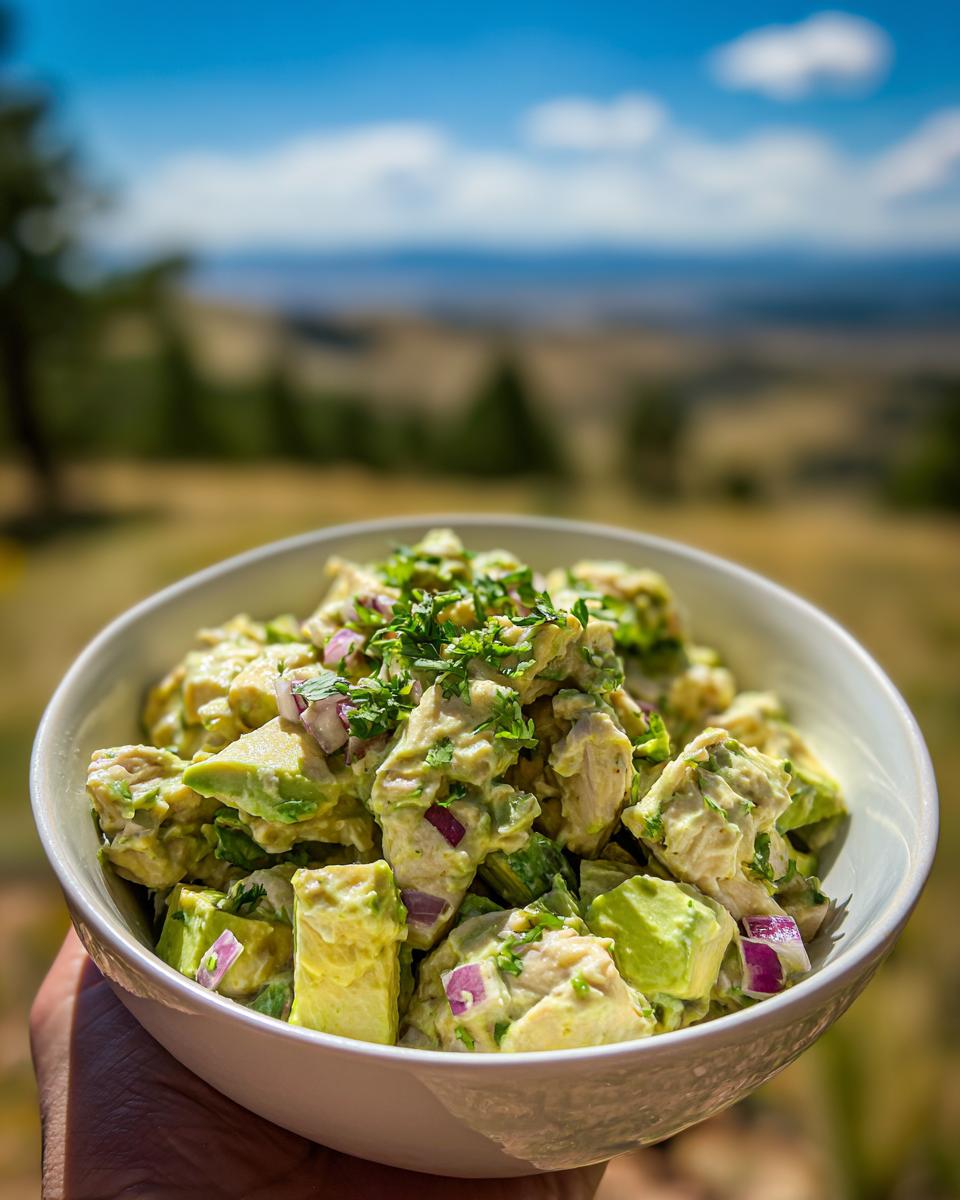 A bowl of creamy Avocado Chicken Salad No Mayo with chunks of avocado, chicken, and red onion, garnished with fresh herbs.