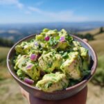 A bowl of creamy Avocado Chicken Salad No Mayo with chunks of chicken, avocado, red onion, and cilantro.