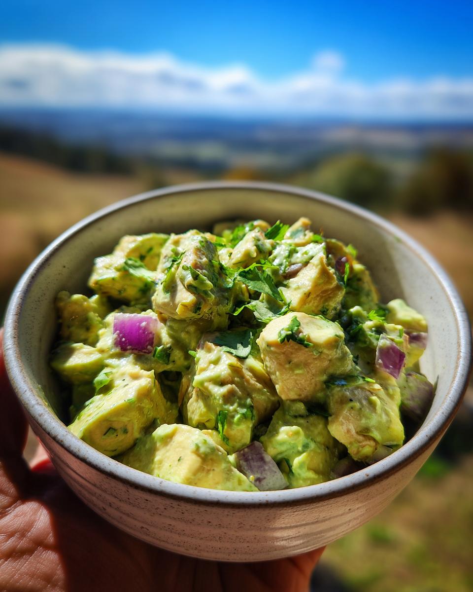 A bowl of creamy Avocado Chicken Salad No Mayo with chunks of chicken, avocado, red onion, and cilantro, held outdoors.