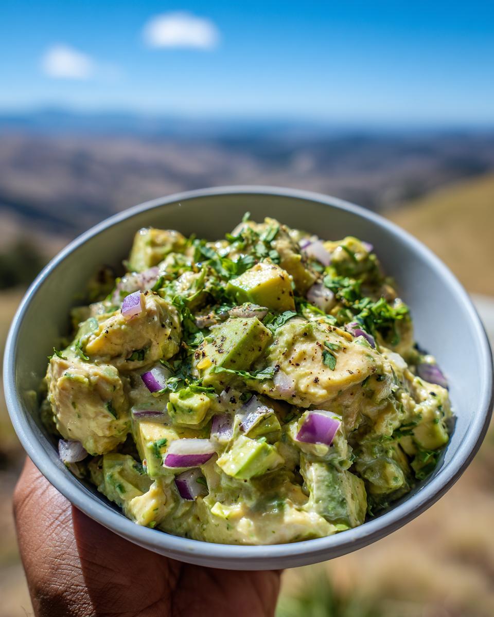 A bowl of creamy Avocado Chicken Salad No Mayo with chunks of avocado, chicken, red onion, and cilantro.