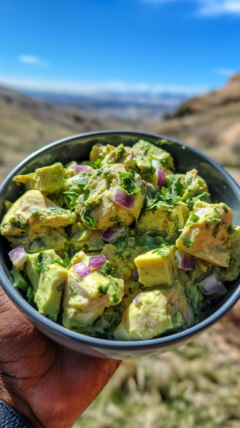 Close-up of a bowl of Avocado Chicken Salad No Mayo, featuring creamy avocado, chicken chunks, red onion, and cilantro.