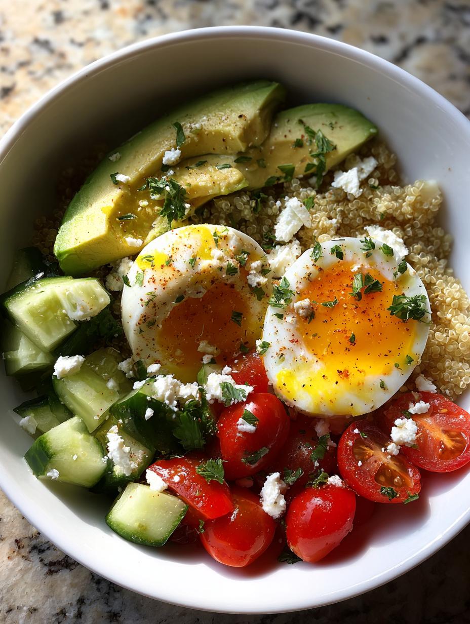 A vibrant Avocado Egg Breakfast Bowl featuring sliced avocado, soft-boiled eggs, quinoa, cherry tomatoes, and cucumber, sprinkled with feta and herbs.