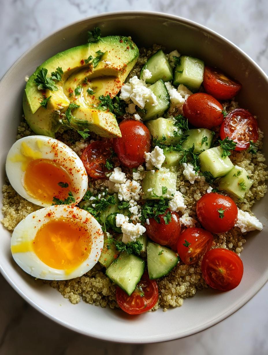 A vibrant Avocado Egg Breakfast Bowl featuring quinoa, sliced avocado, halved eggs, cherry tomatoes, cucumber, and feta cheese.