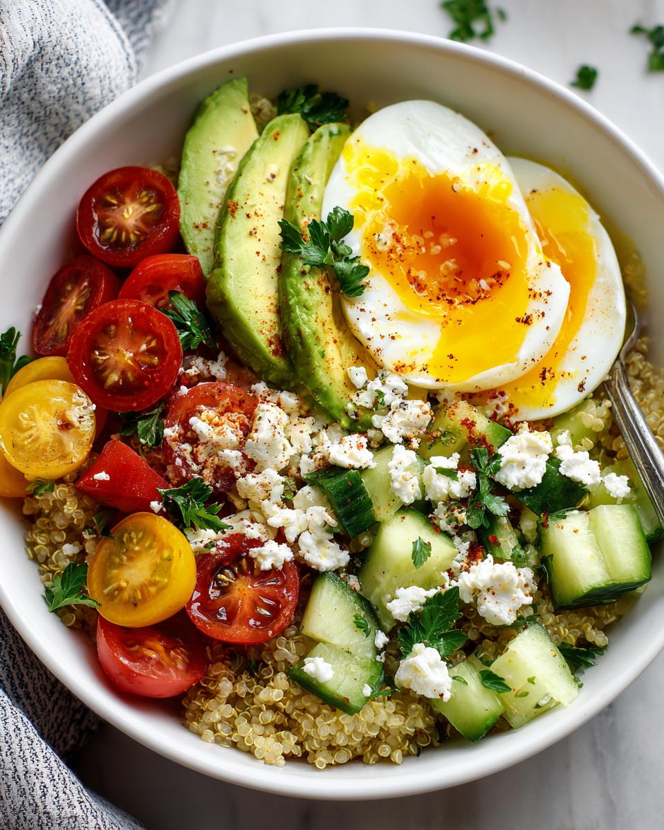 A vibrant Avocado Egg Breakfast Bowl featuring quinoa, sliced avocado, cherry tomatoes, cucumber, feta cheese, and a perfectly soft-boiled egg.
