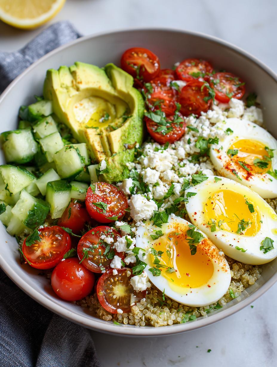 A vibrant Avocado Egg Breakfast Bowl featuring quinoa, sliced avocado, halved cherry tomatoes, crumbled feta, and soft-boiled eggs.