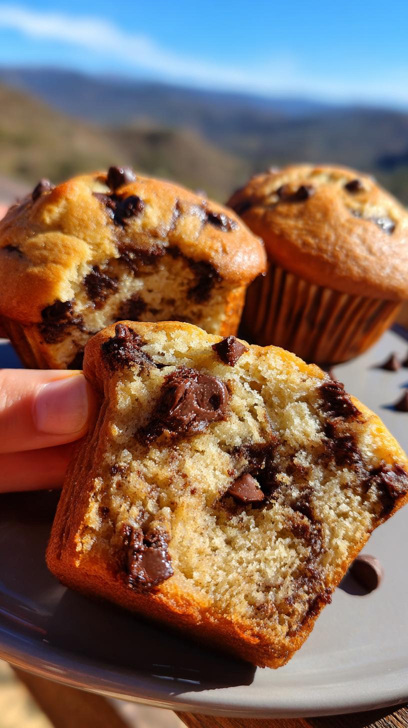 A hand holds a halved banana chocolate chip muffin, revealing its moist interior and generous chocolate chips. Two whole muffins are in the background.