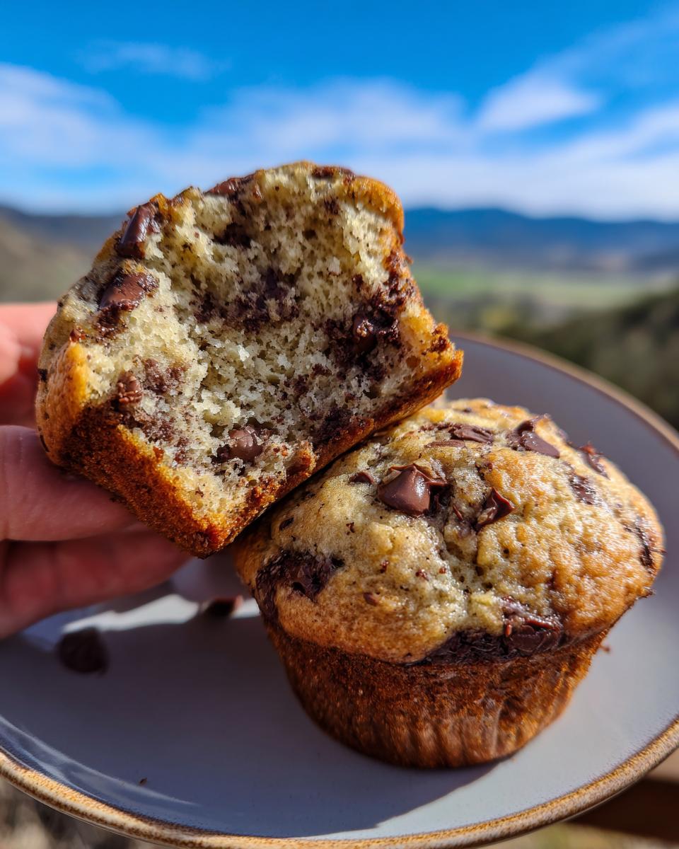 A close-up of a halved banana chocolate chip muffin, showing the moist interior and chocolate chips, with a whole muffin on a plate.