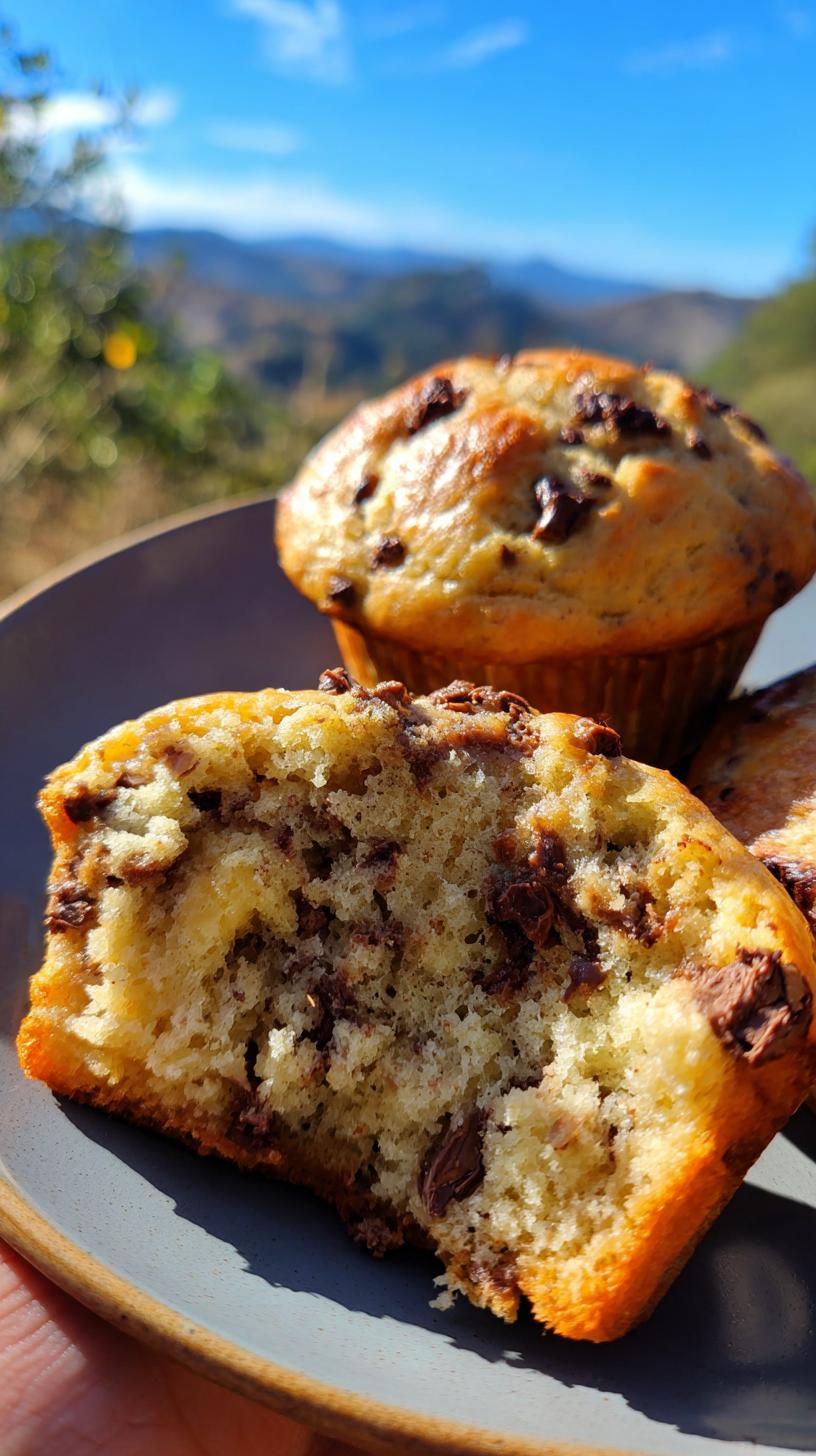 Close-up of a halved banana chocolate chip muffin showing moist interior and melted chocolate chips.