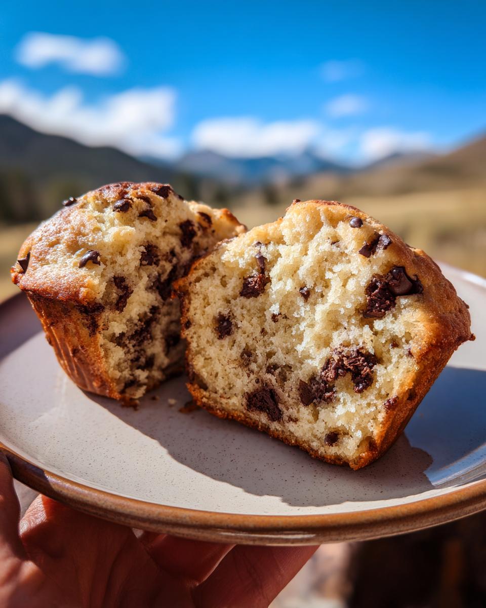 A close-up of two halves of a banana chocolate chip muffin on a plate, showing the moist interior and chocolate chips.