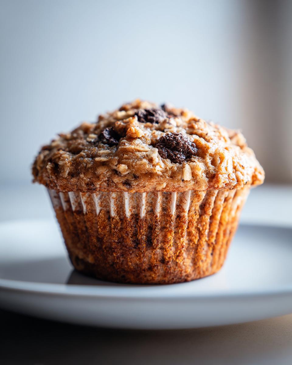 Close-up of a delicious Banana Oatmeal Protein Muffin with visible oats and chocolate chunks.