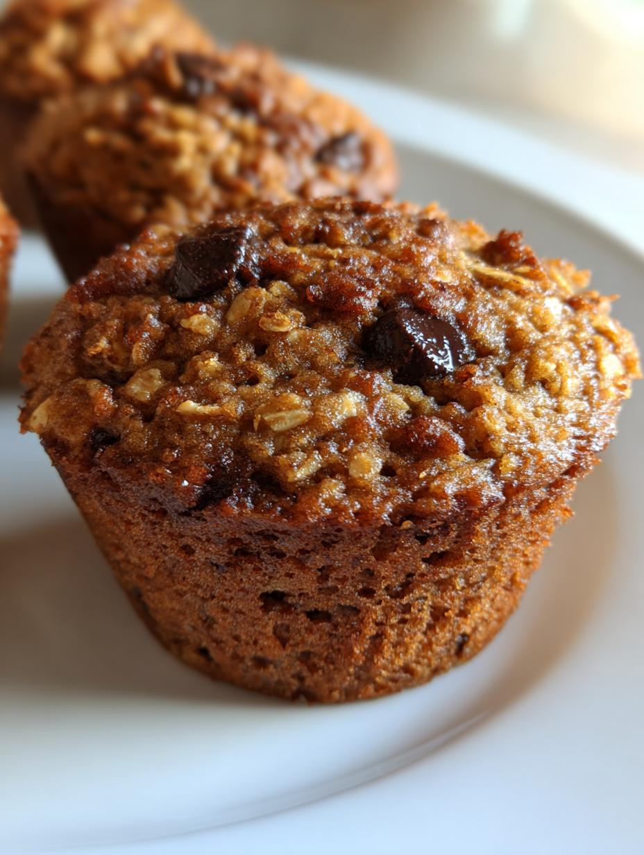Close-up of a delicious Banana Oatmeal Protein Muffin with visible oats and chocolate chips.