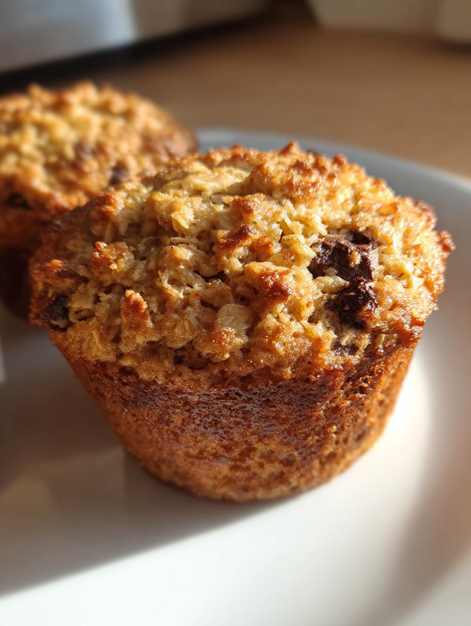 Close-up of a golden-brown Banana Oatmeal Protein Muffin with visible oats and chocolate chips.