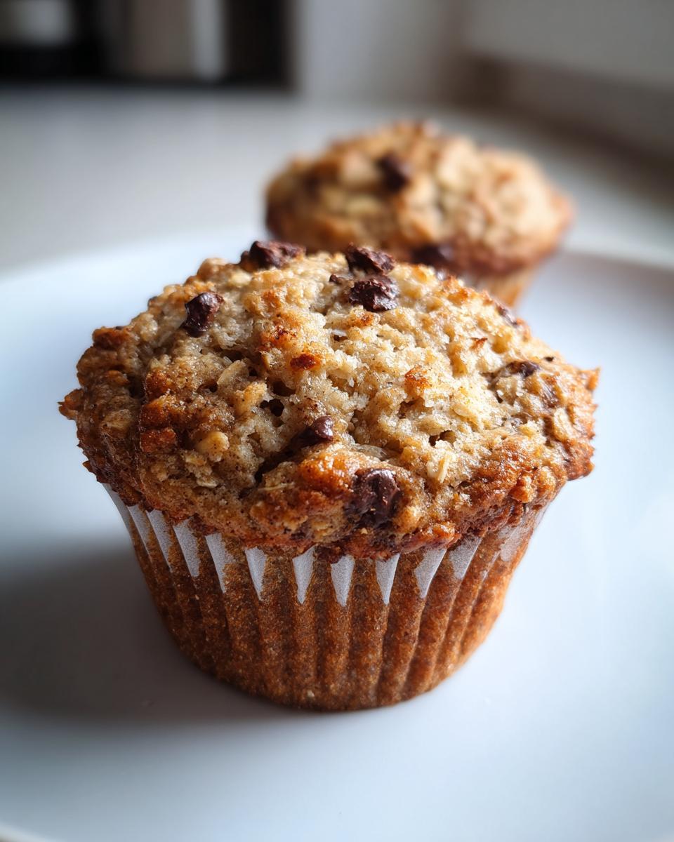 Close-up of a freshly baked Banana Oatmeal Protein Muffin topped with chocolate chips on a white plate.