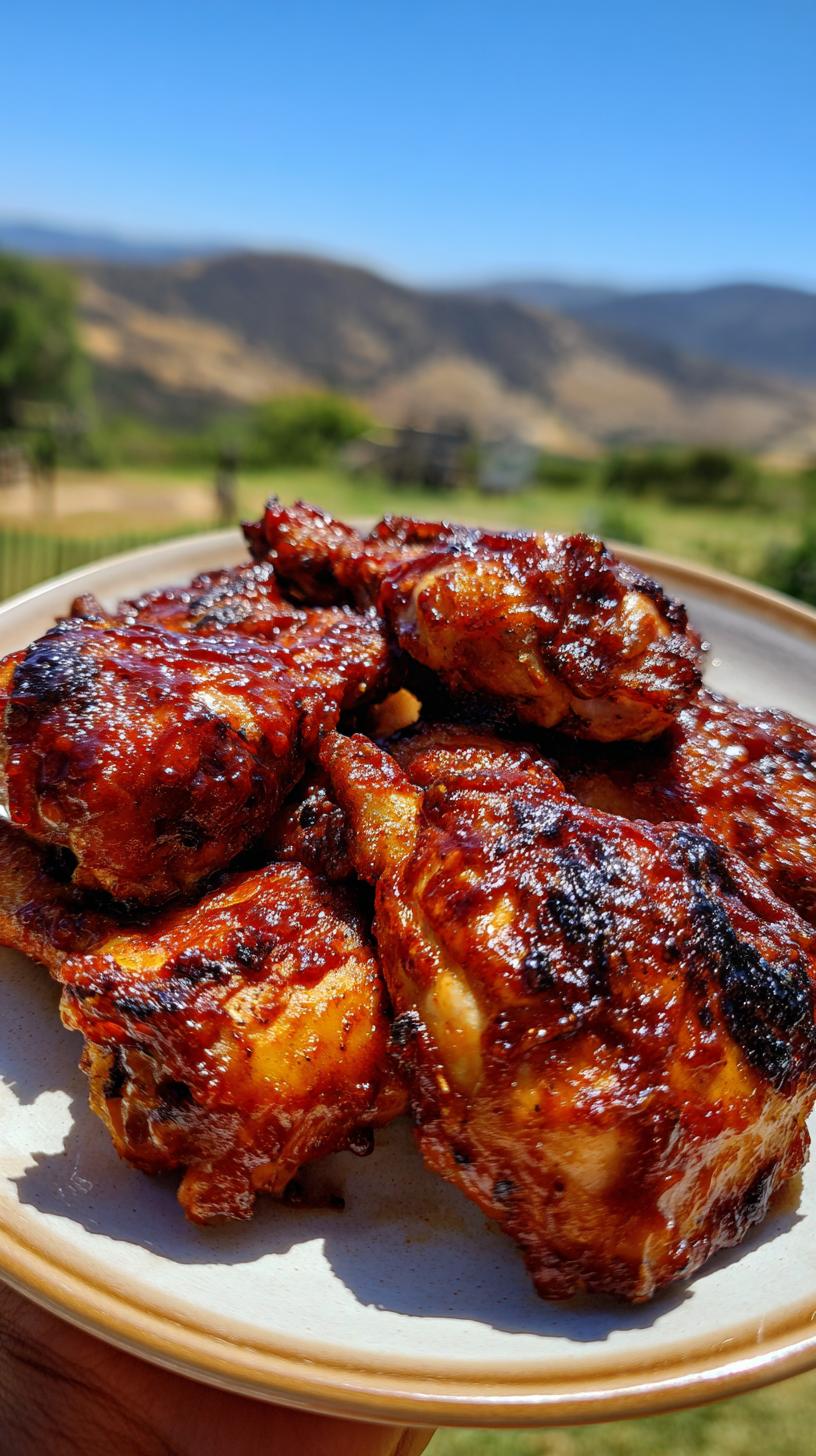 A close-up of a plate piled high with juicy BBQ chicken thighs, glistening with sauce and slightly charred.