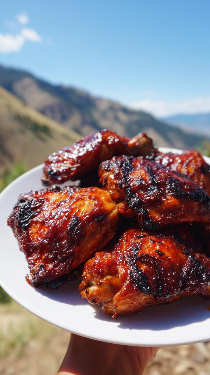 A close-up of a plate piled high with juicy BBQ chicken thighs, glistening with sauce, with a mountain landscape in the background.