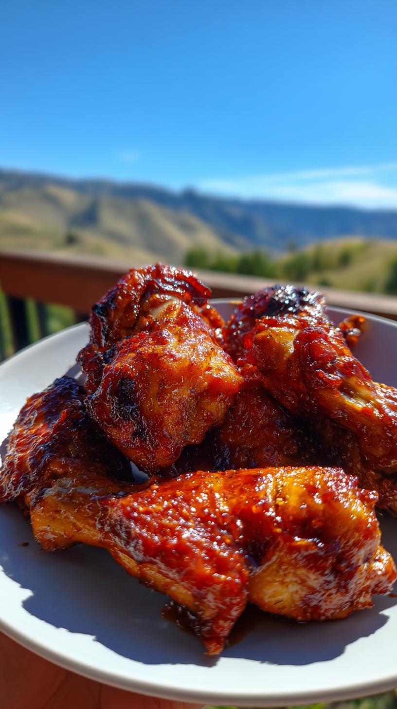 Close-up of a plate piled high with glistening, juicy BBQ chicken thighs, cooked to perfection.