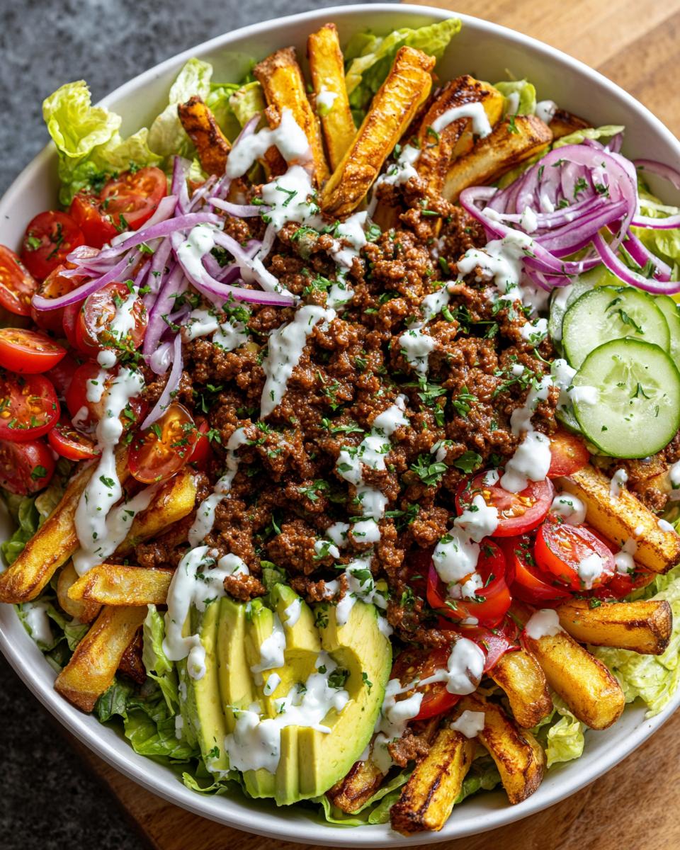 A vibrant bowl of Burger Bowls with Baked Fries, featuring seasoned ground beef, crispy baked fries, fresh lettuce, tomatoes, red onion, cucumber, and avocado, drizzled with sauce.