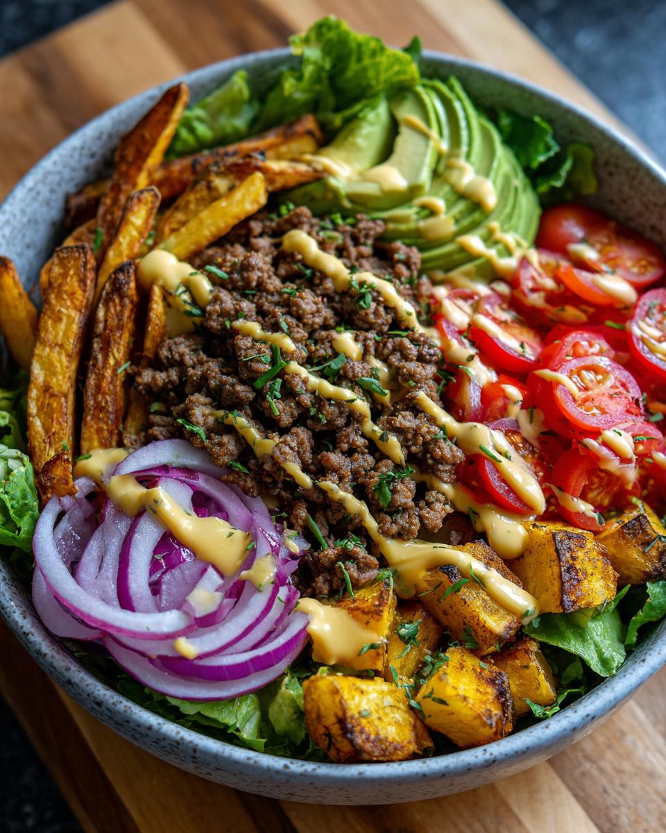 A delicious bowl of Burger Bowls with Baked Fries, featuring seasoned ground beef, crispy fries, avocado, tomatoes, red onion, and roasted sweet potatoes.