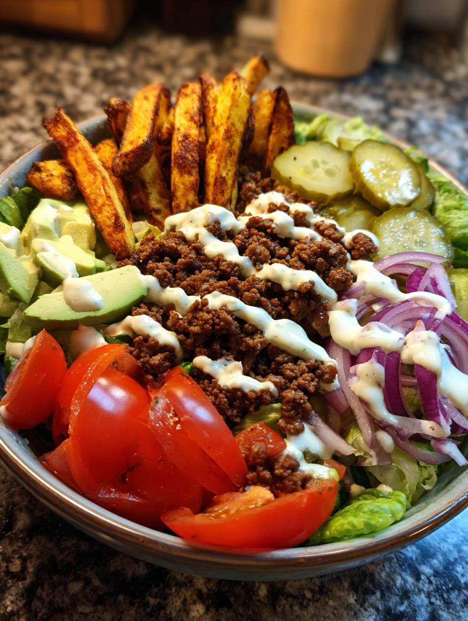 A close-up of a delicious Burger Bowl with seasoned ground beef, baked fries, avocado, tomatoes, pickles, and red onion, drizzled with sauce.