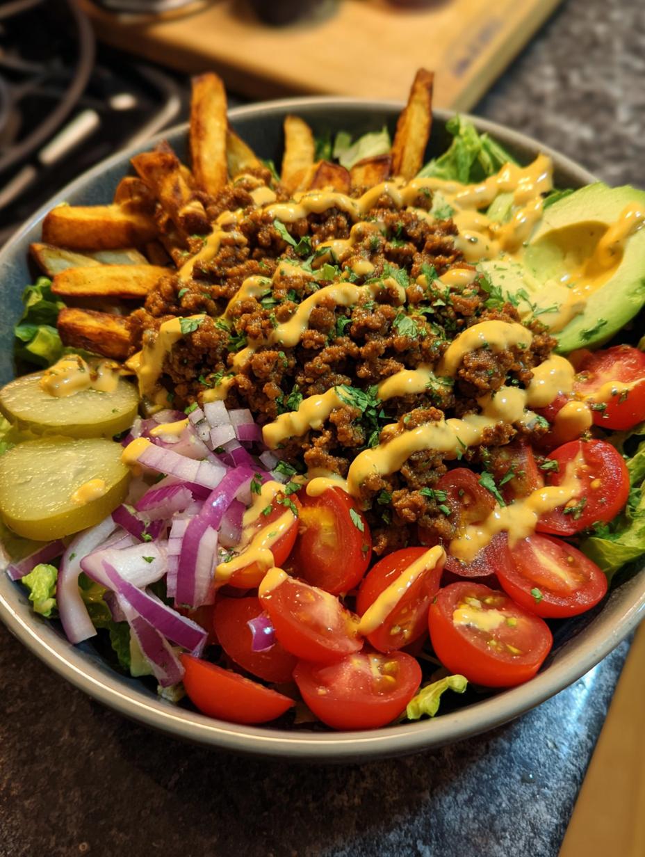 A delicious bowl of Burger Bowls with Baked Fries, topped with seasoned ground beef, avocado, tomatoes, pickles, and red onion.