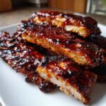 A mouthwatering close-up of Caramelized Oven BBQ Chicken Thighs, glistening with a rich BBQ sauce.