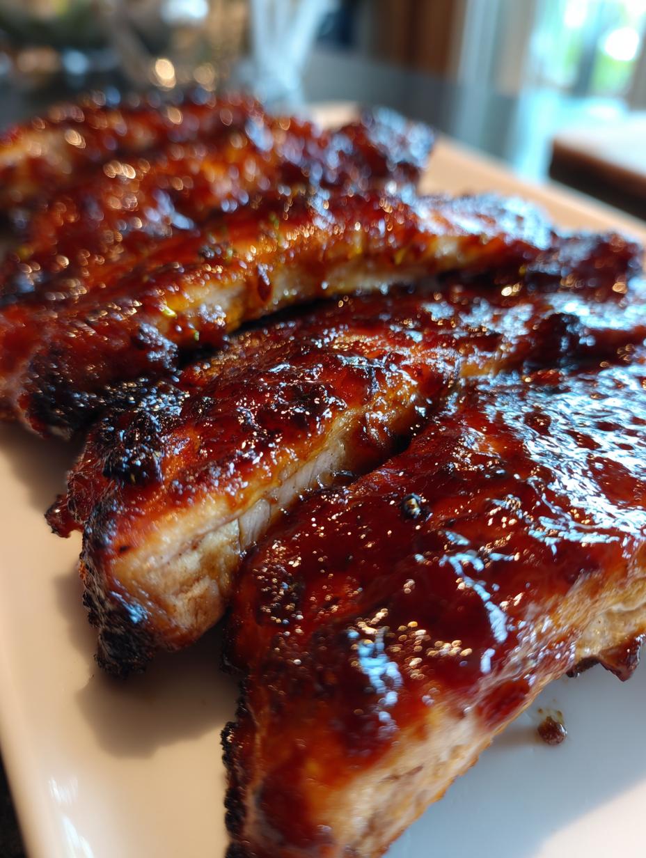 Close-up of juicy Caramelized Oven BBQ Chicken Thighs glazed with a rich, dark sauce.