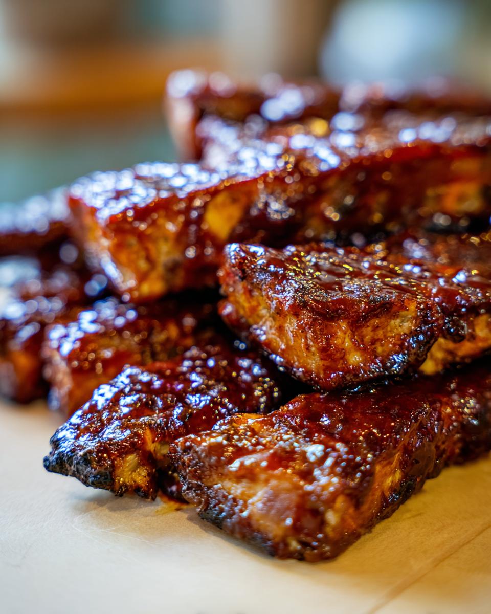 A close-up of glistening Caramelized Oven BBQ Chicken Thighs, coated in a rich, dark BBQ sauce.