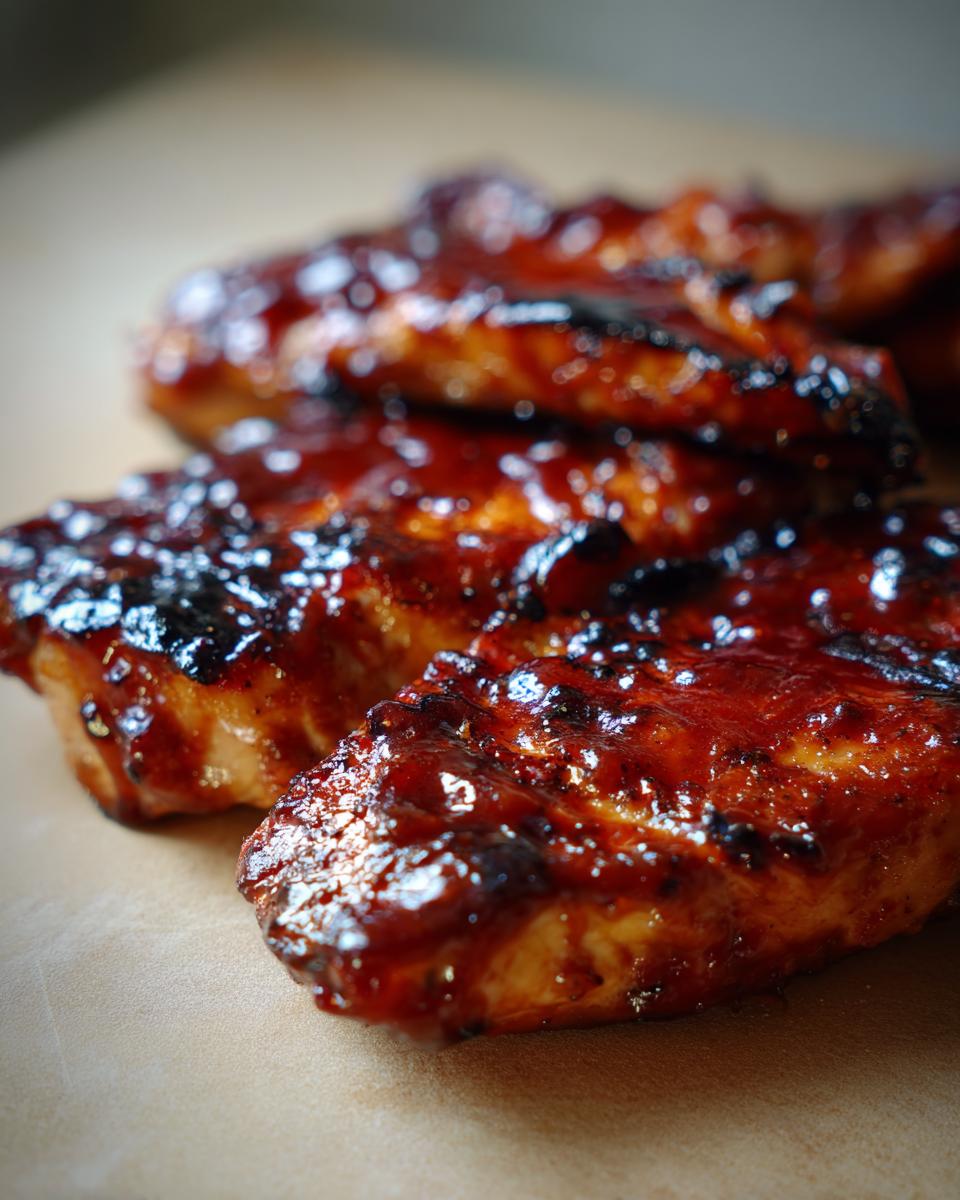 Close-up of juicy Caramelized Oven BBQ Chicken Thighs with a glossy, dark BBQ sauce.