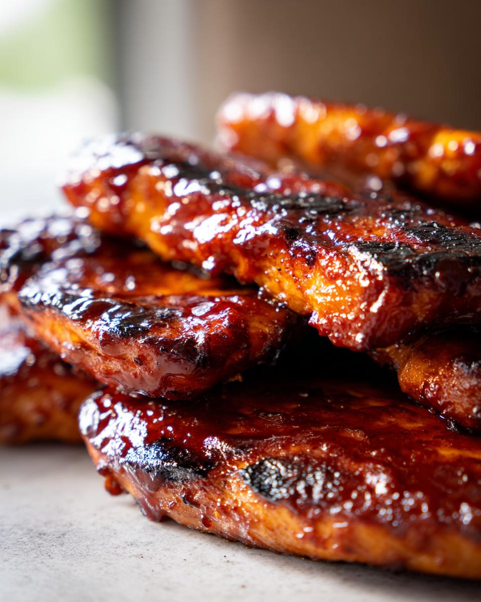 A close-up shot of a stack of juicy Caramelized Oven BBQ Chicken Thighs coated in a glossy BBQ sauce.