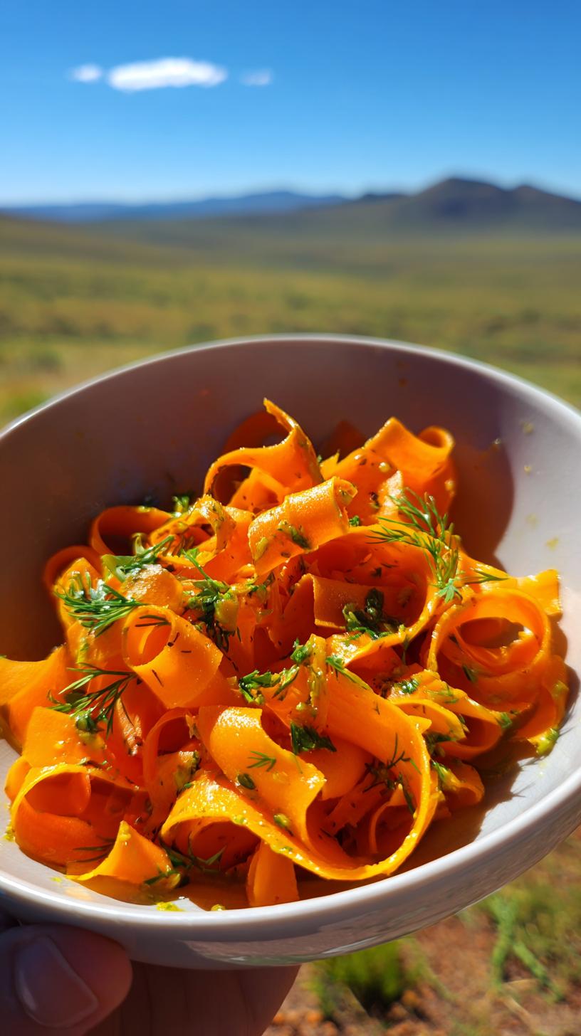 A bowl of fresh Carrot Ribbon Salad with Lemon Dressing, garnished with dill, set against a scenic outdoor background.