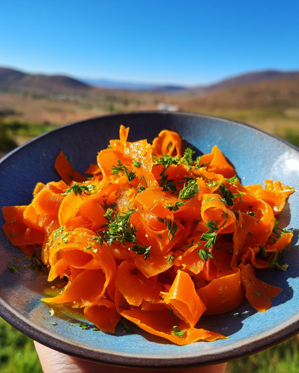 A close-up of a blue bowl filled with vibrant orange carrot ribbons, tossed with a light dressing and fresh parsley. Carrot Ribbon Salad with Lemon Dressing.