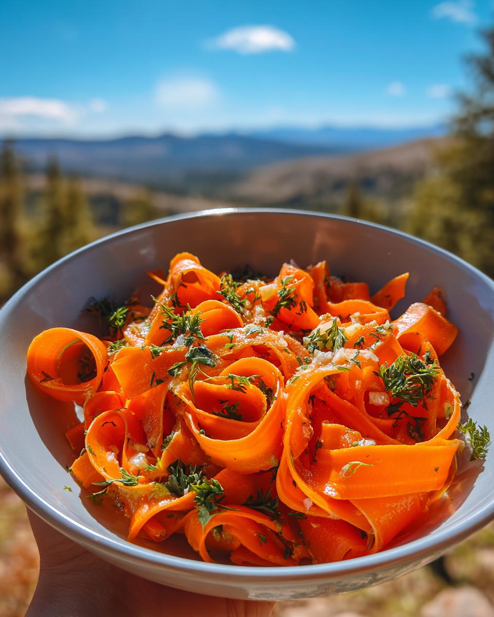 A close-up of a bowl of Carrot Ribbon Salad with Lemon Dressing, garnished with fresh herbs.