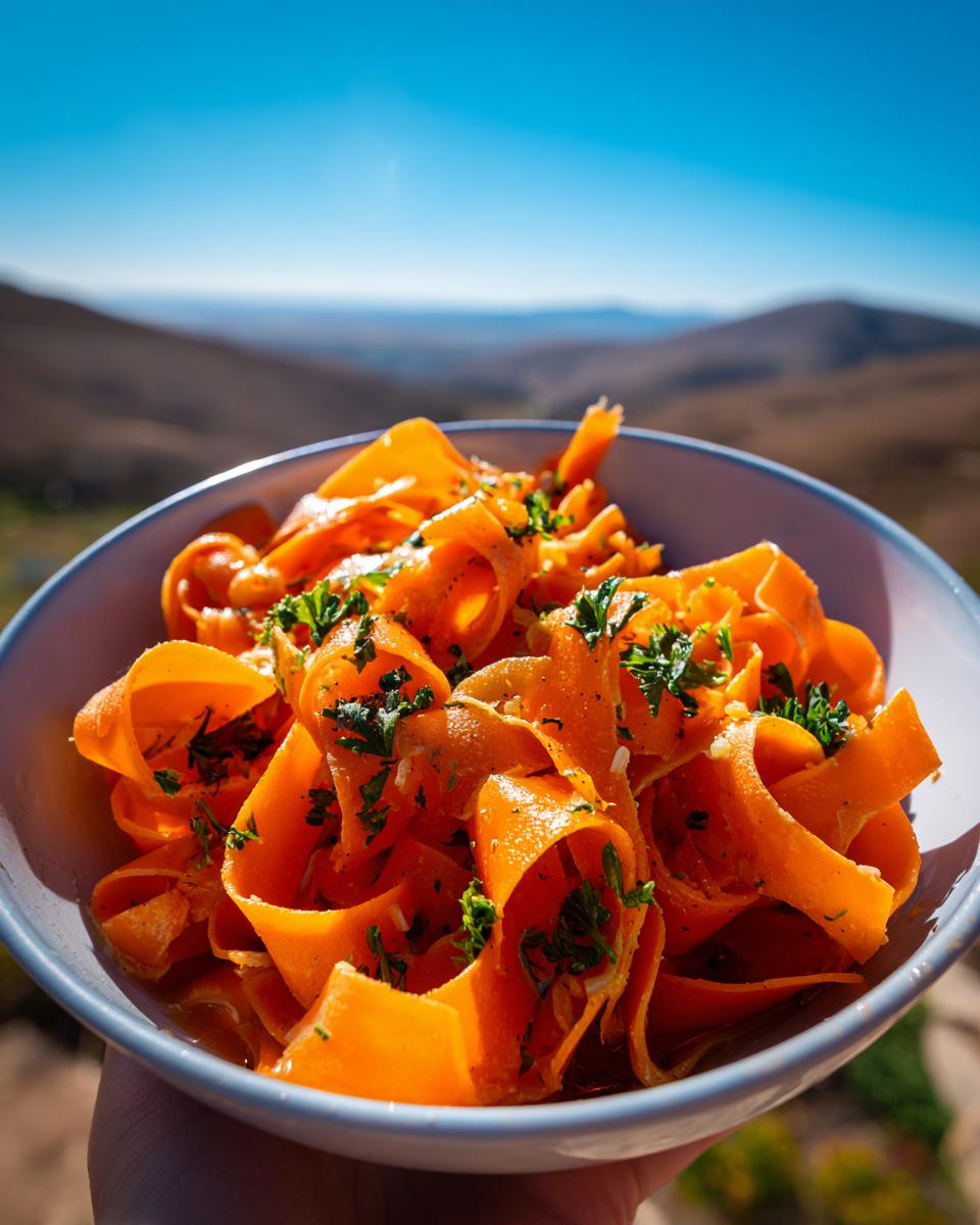 A bowl of vibrant Carrot Ribbon Salad with Lemon Dressing, garnished with fresh parsley, held outdoors.