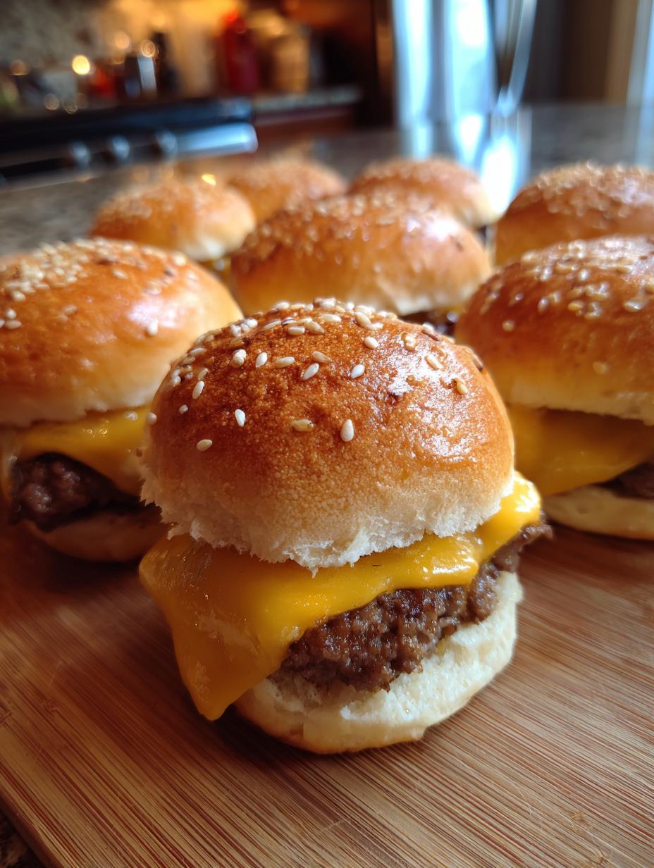 Amazing Cheeseburger Sliders in 30 Minutes 7 Close-up of several delicious Cheeseburger Sliders with melted cheddar cheese and sesame seed buns.