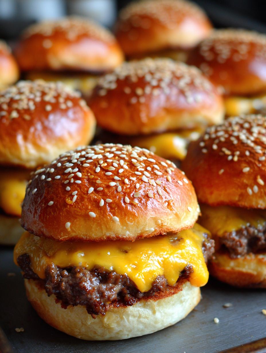 Amazing Cheeseburger Sliders in 30 Minutes 9 Close-up of a delicious cheeseburger slider with melted cheddar cheese and sesame seed bun.