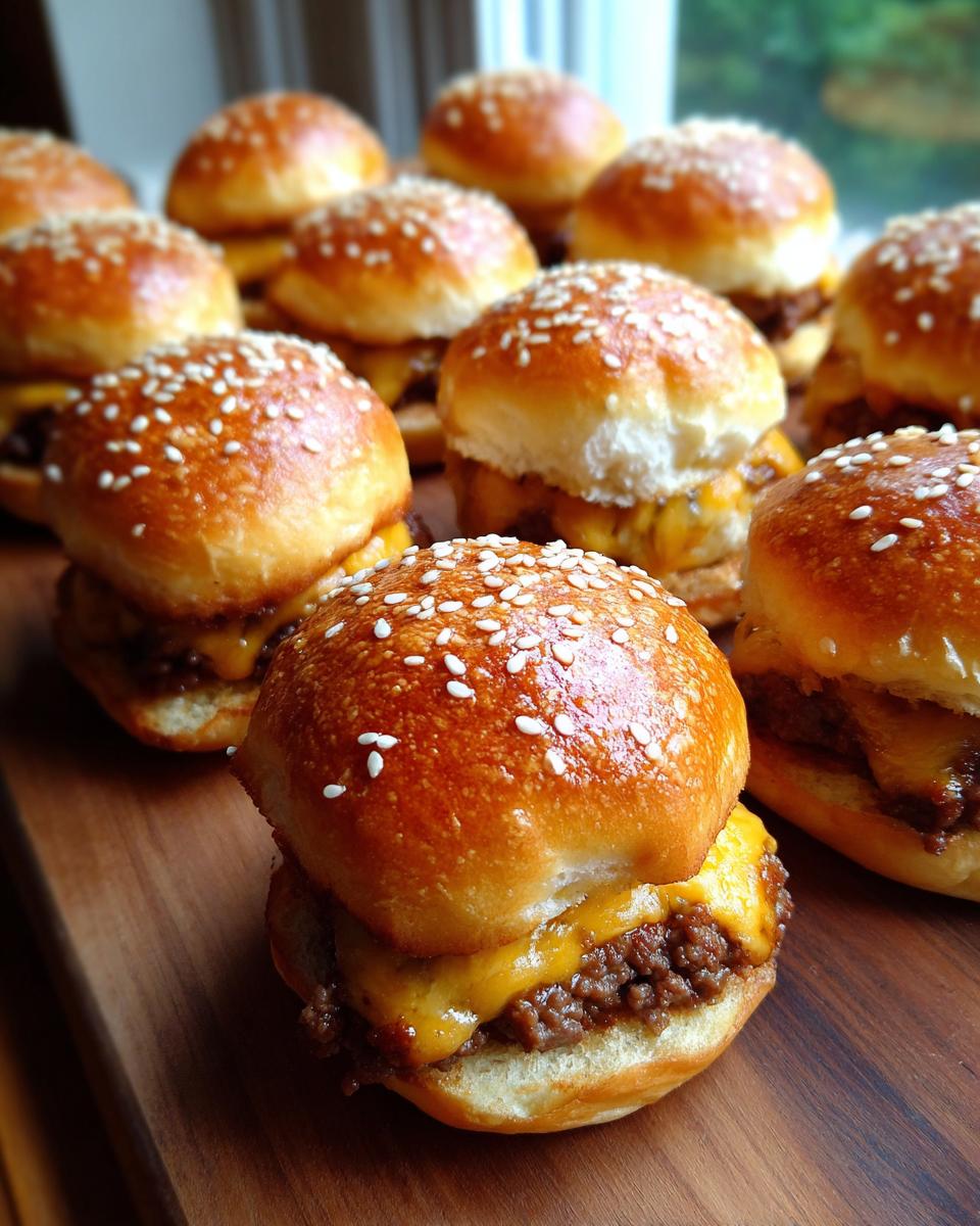 Amazing Cheeseburger Sliders in 30 Minutes 8 A close-up of several delicious cheeseburger sliders with melted cheese and sesame seed buns, arranged on a wooden board.