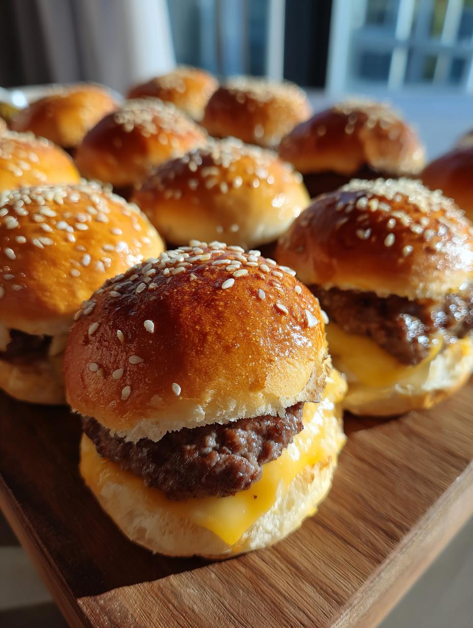 Amazing Cheeseburger Sliders in 30 Minutes 6 A close-up of several delicious Cheeseburger Sliders with melted cheese and sesame seed buns, arranged on a wooden board.