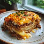 A delicious slice of Cheesy Beef and Potato Bake, layered with potatoes, seasoned ground beef, and melted cheese.